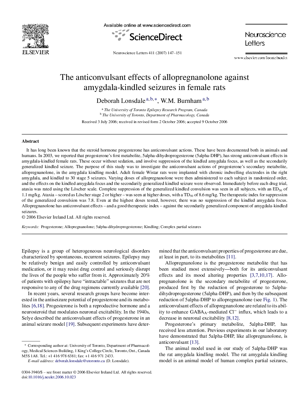 The anticonvulsant effects of allopregnanolone against amygdala-kindled seizures in female rats