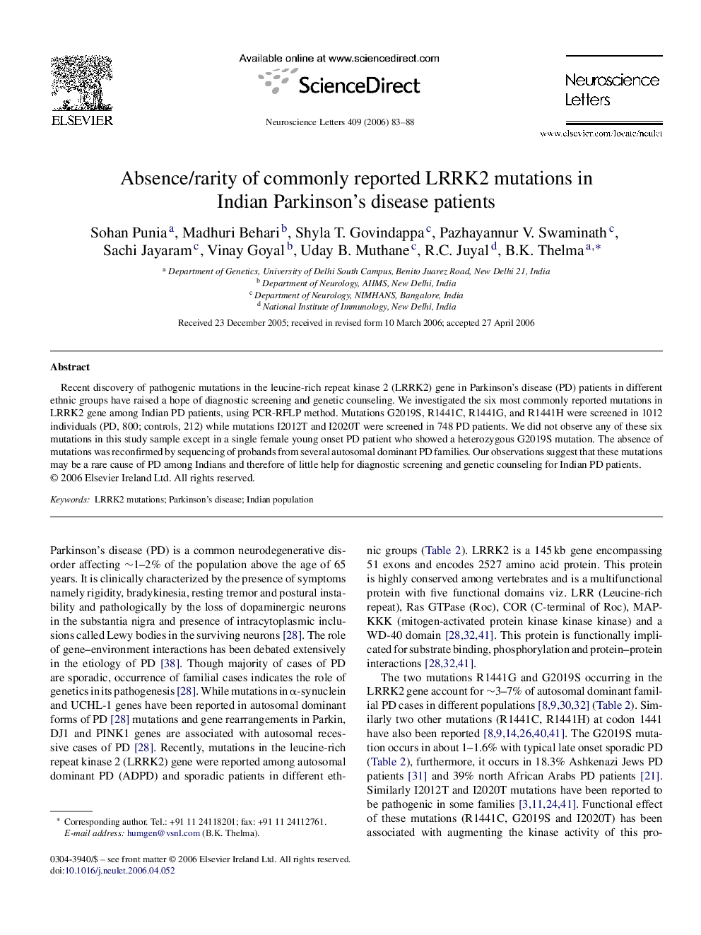 Absence/rarity of commonly reported LRRK2 mutations in Indian Parkinson's disease patients