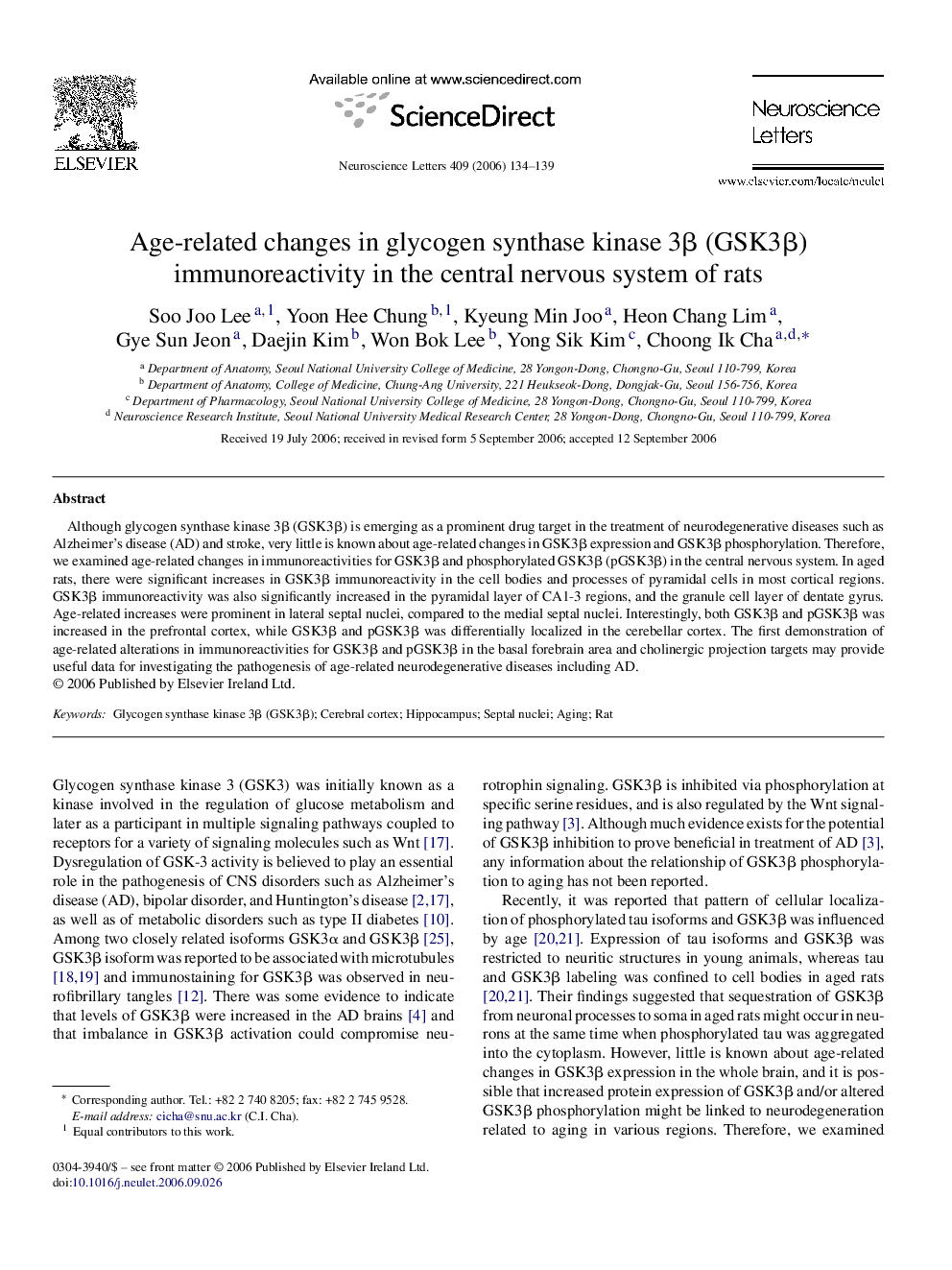 Age-related changes in glycogen synthase kinase 3Î² (GSK3Î²) immunoreactivity in the central nervous system of rats