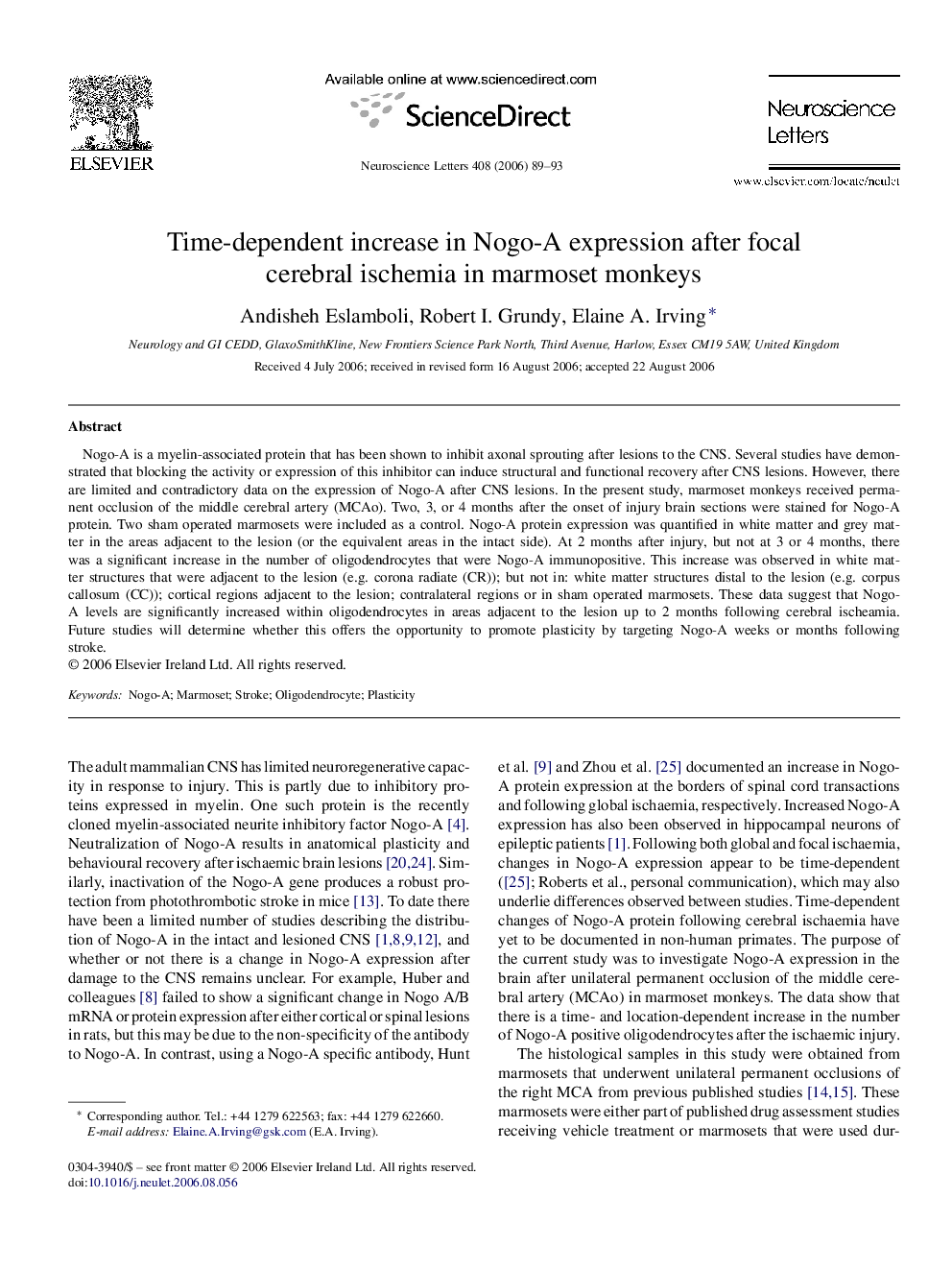 Time-dependent increase in Nogo-A expression after focal cerebral ischemia in marmoset monkeys