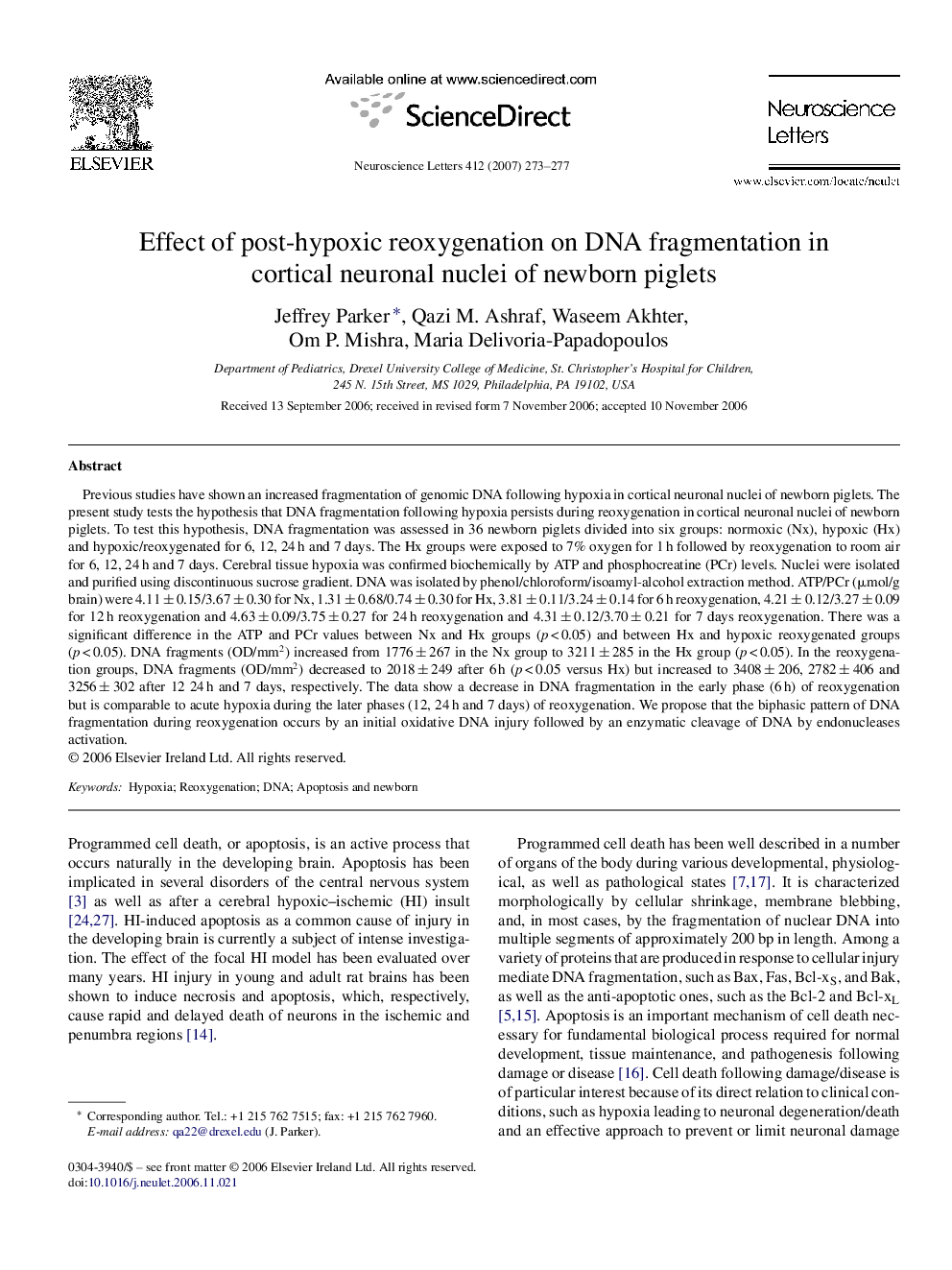 Effect of post-hypoxic reoxygenation on DNA fragmentation in cortical neuronal nuclei of newborn piglets