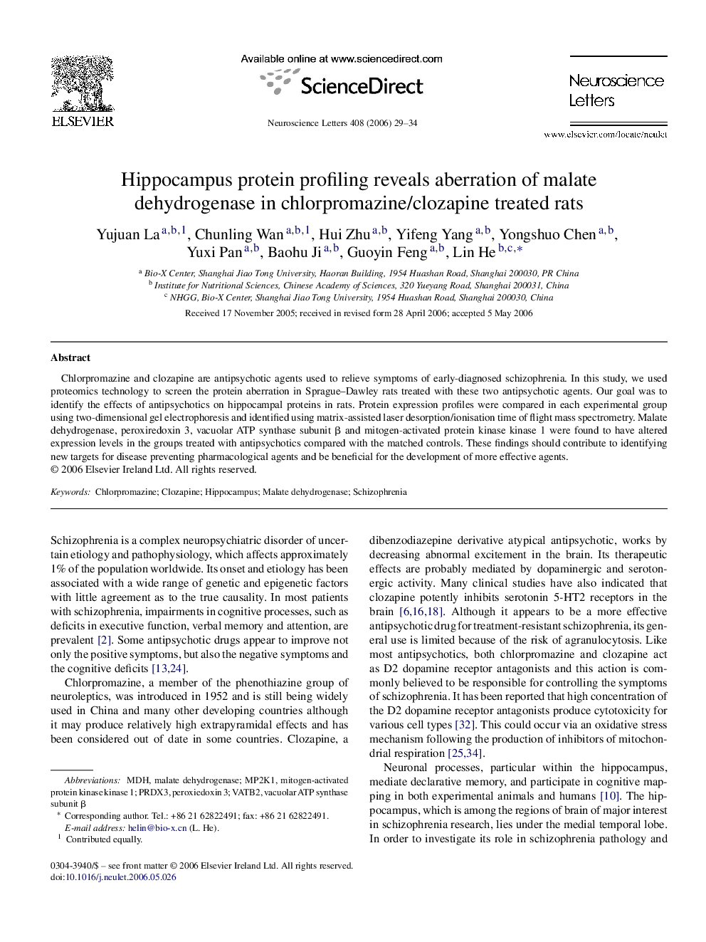 Hippocampus protein profiling reveals aberration of malate dehydrogenase in chlorpromazine/clozapine treated rats