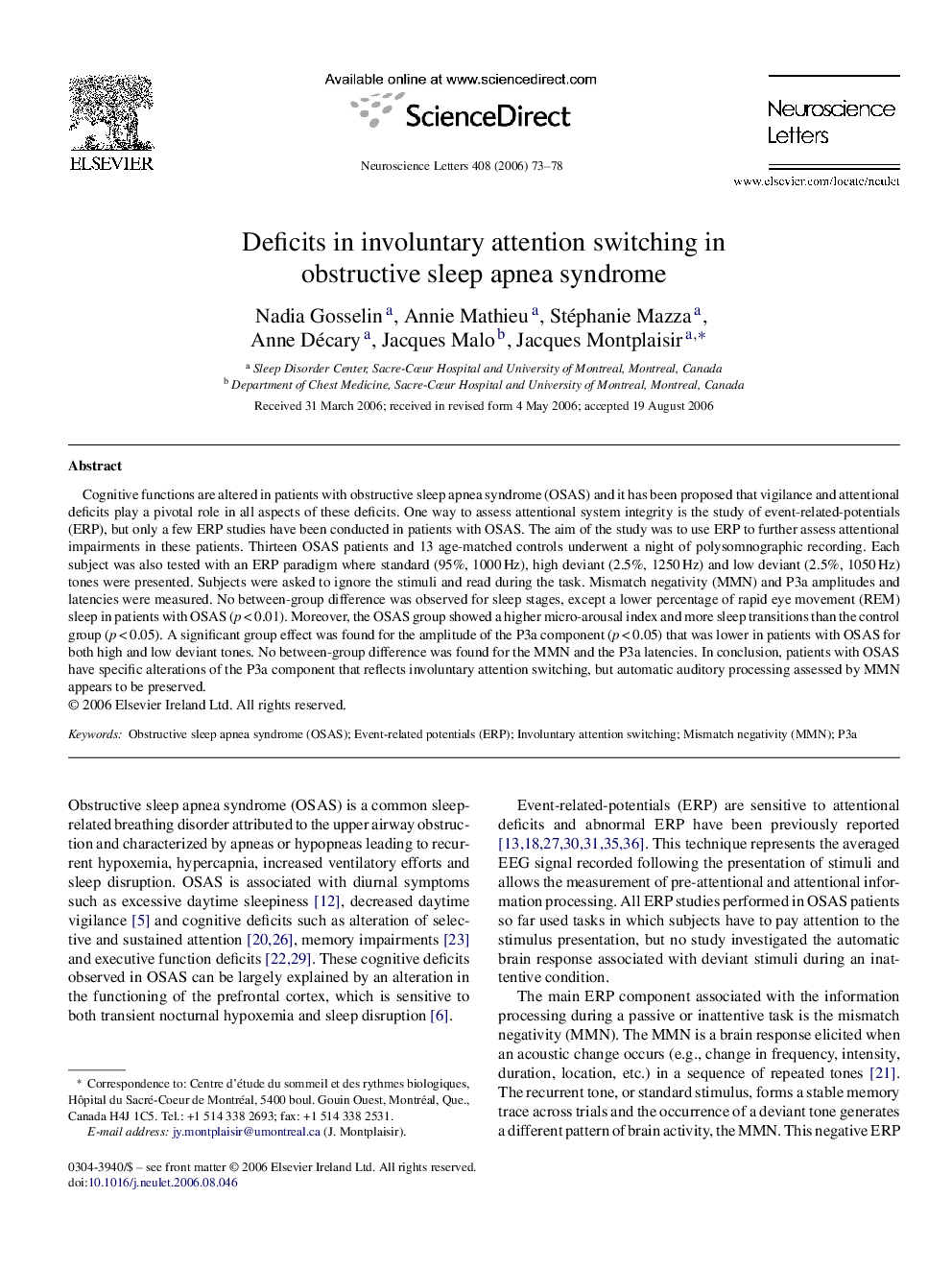 Deficits in involuntary attention switching in obstructive sleep apnea syndrome