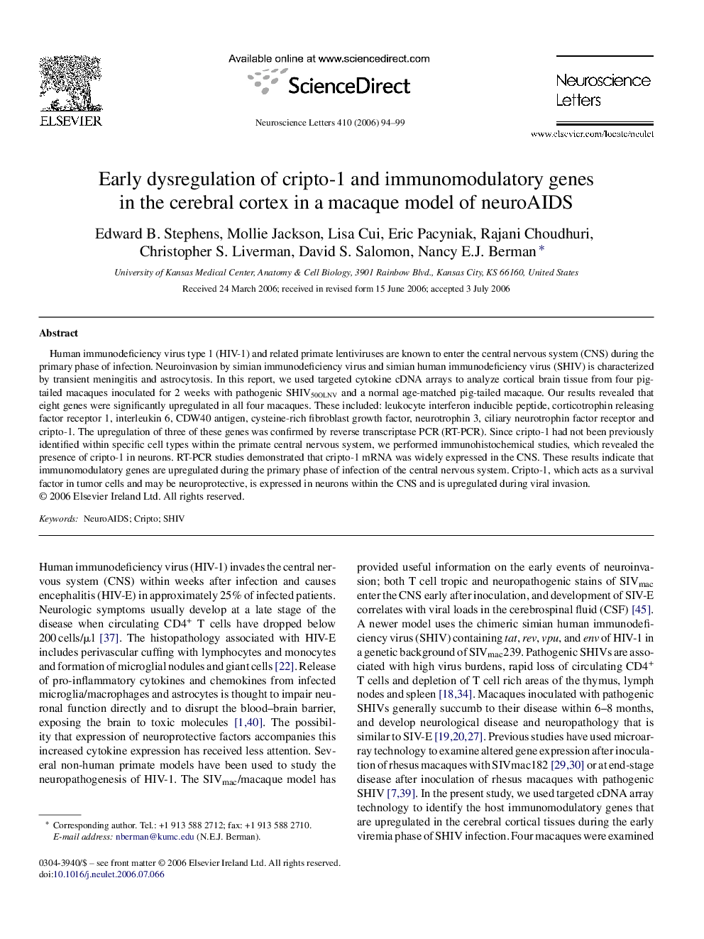 Early dysregulation of cripto-1 and immunomodulatory genes in the cerebral cortex in a macaque model of neuroAIDS