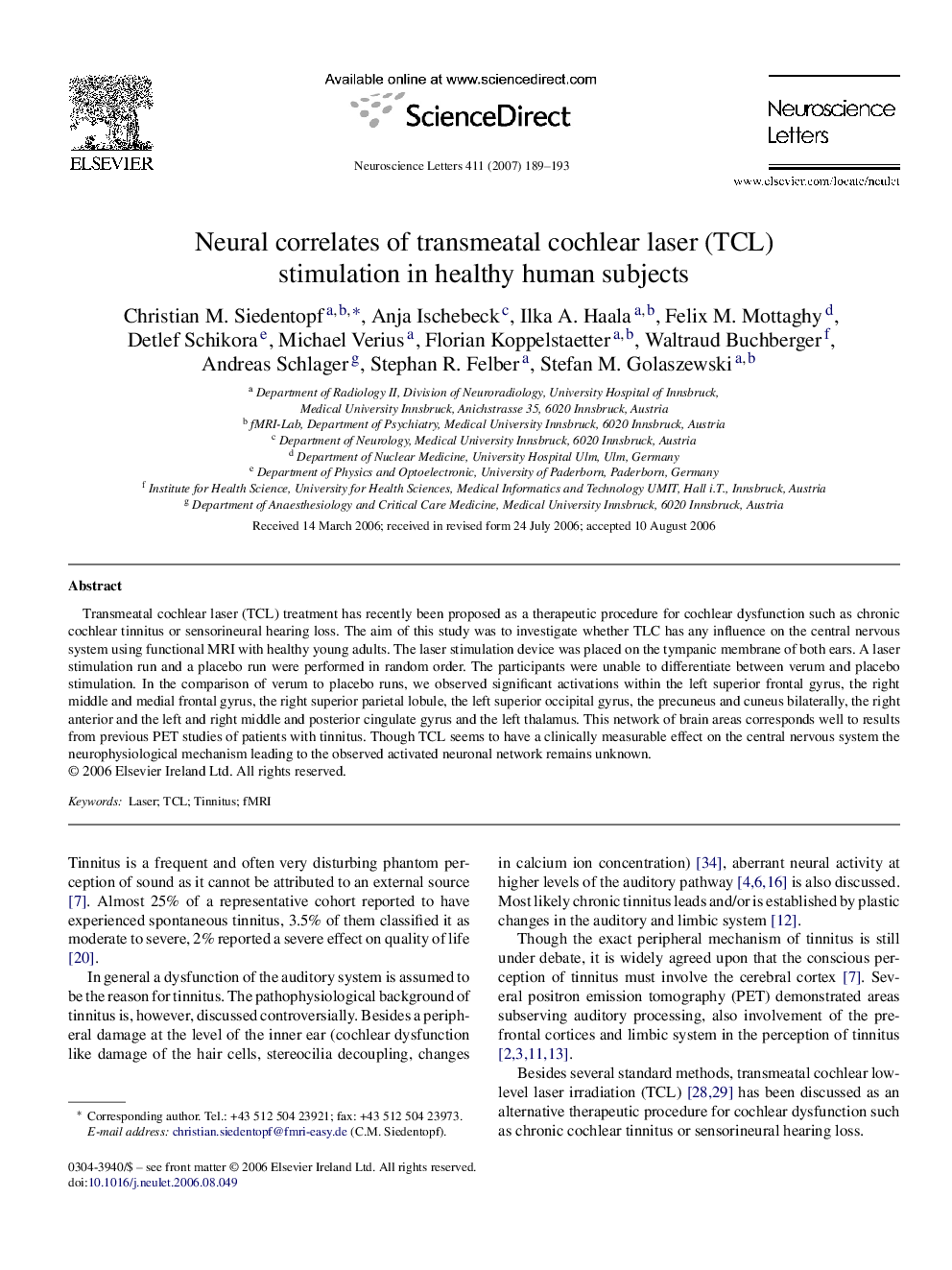 Neural correlates of transmeatal cochlear laser (TCL) stimulation in healthy human subjects