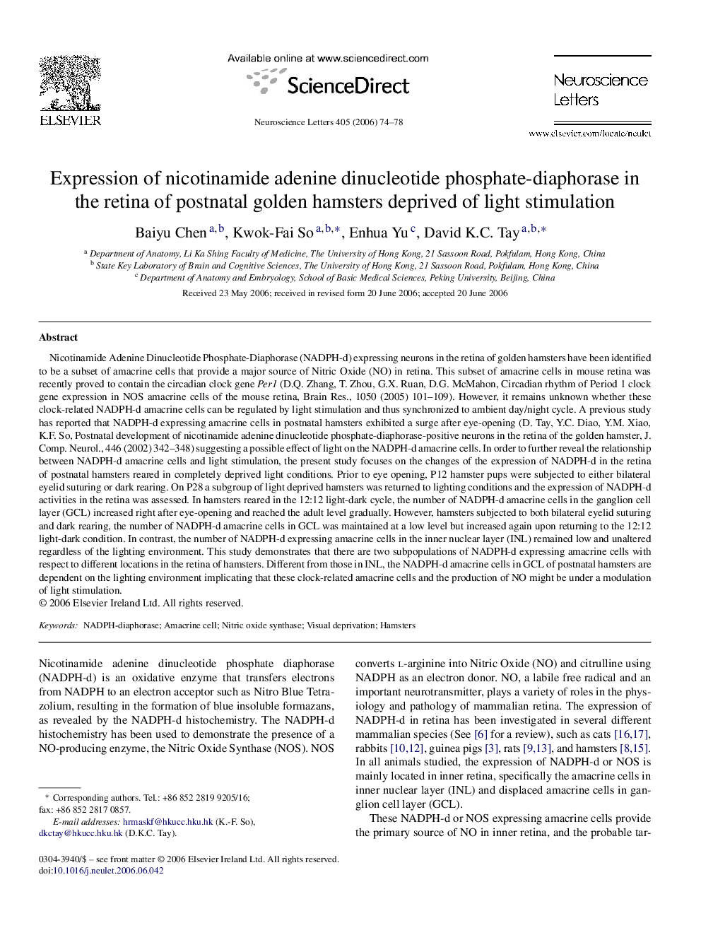 Expression of nicotinamide adenine dinucleotide phosphate-diaphorase in the retina of postnatal golden hamsters deprived of light stimulation