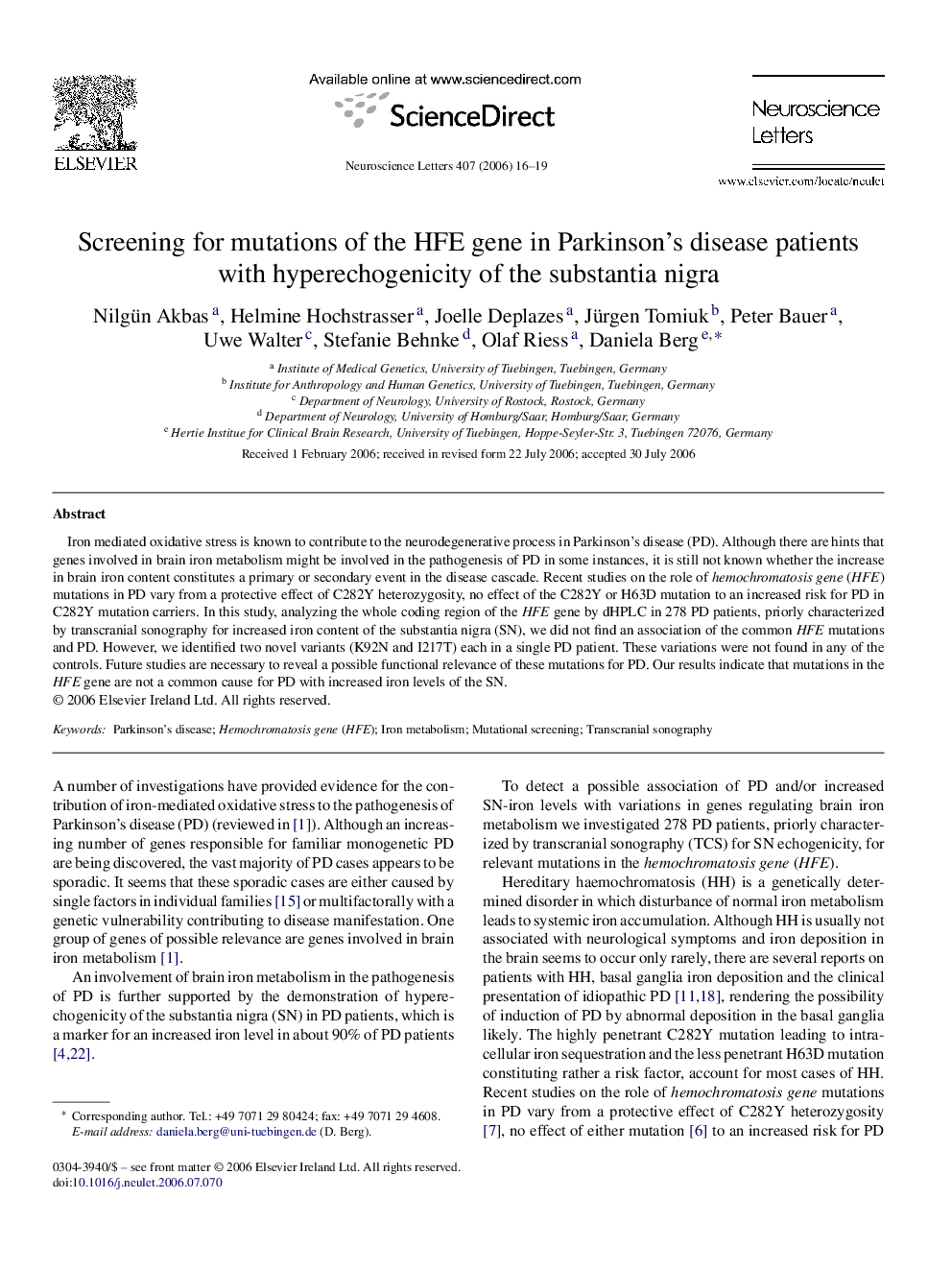 Screening for mutations of the HFE gene in Parkinson's disease patients with hyperechogenicity of the substantia nigra