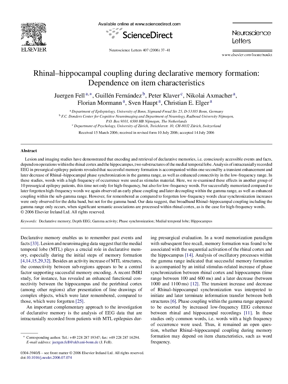 Rhinal-hippocampal coupling during declarative memory formation: Dependence on item characteristics