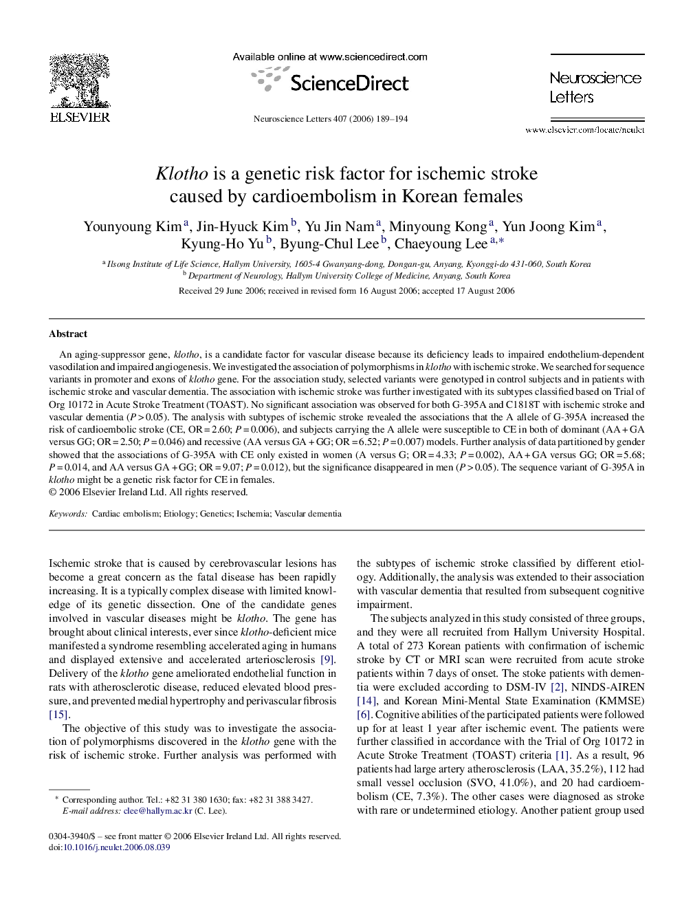 Klotho is a genetic risk factor for ischemic stroke caused by cardioembolism in Korean females