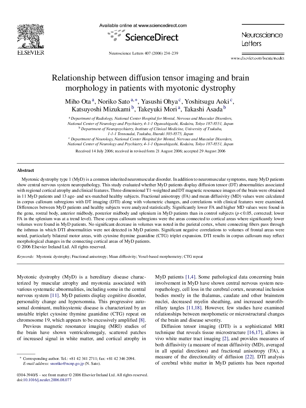 Relationship between diffusion tensor imaging and brain morphology in patients with myotonic dystrophy