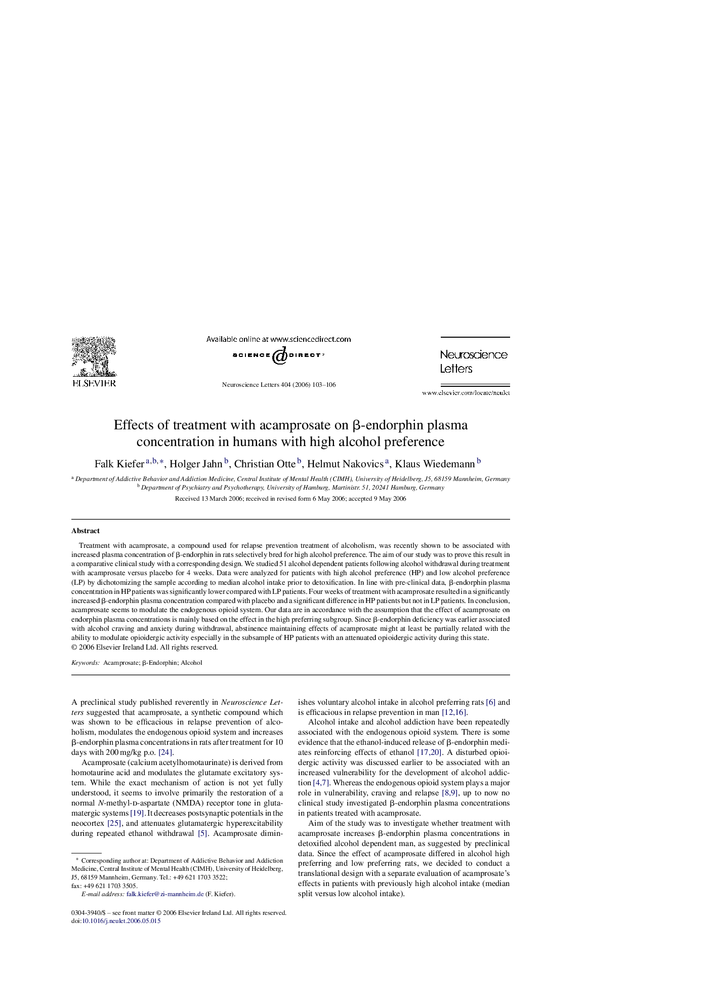 Effects of treatment with acamprosate on Î²-endorphin plasma concentration in humans with high alcohol preference