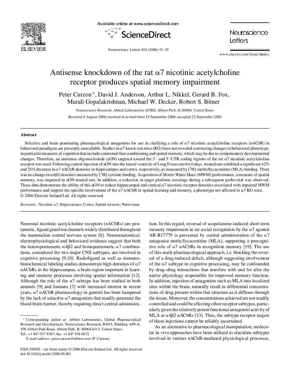 Antisense knockdown of the rat α7 nicotinic acetylcholine receptor produces spatial memory impairment