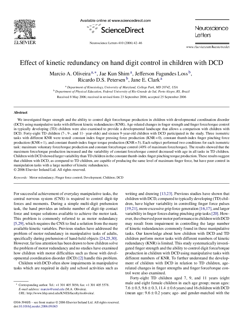 Effect of kinetic redundancy on hand digit control in children with DCD