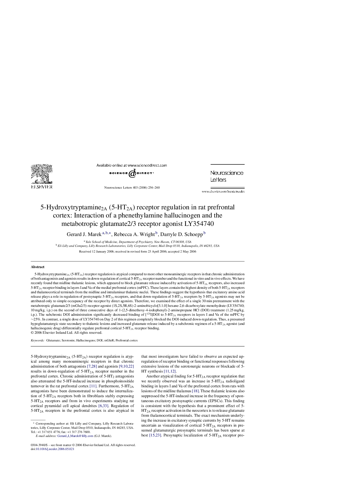 5-Hydroxytryptamine2A (5-HT2A) receptor regulation in rat prefrontal cortex: Interaction of a phenethylamine hallucinogen and the metabotropic glutamate2/3 receptor agonist LY354740