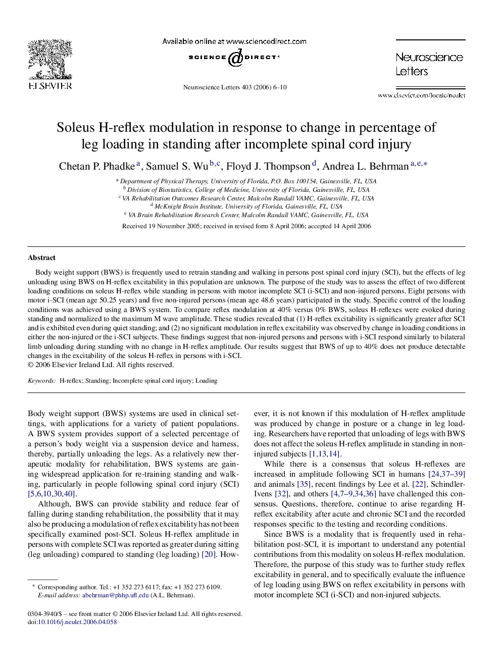 Soleus H-reflex modulation in response to change in percentage of leg loading in standing after incomplete spinal cord injury