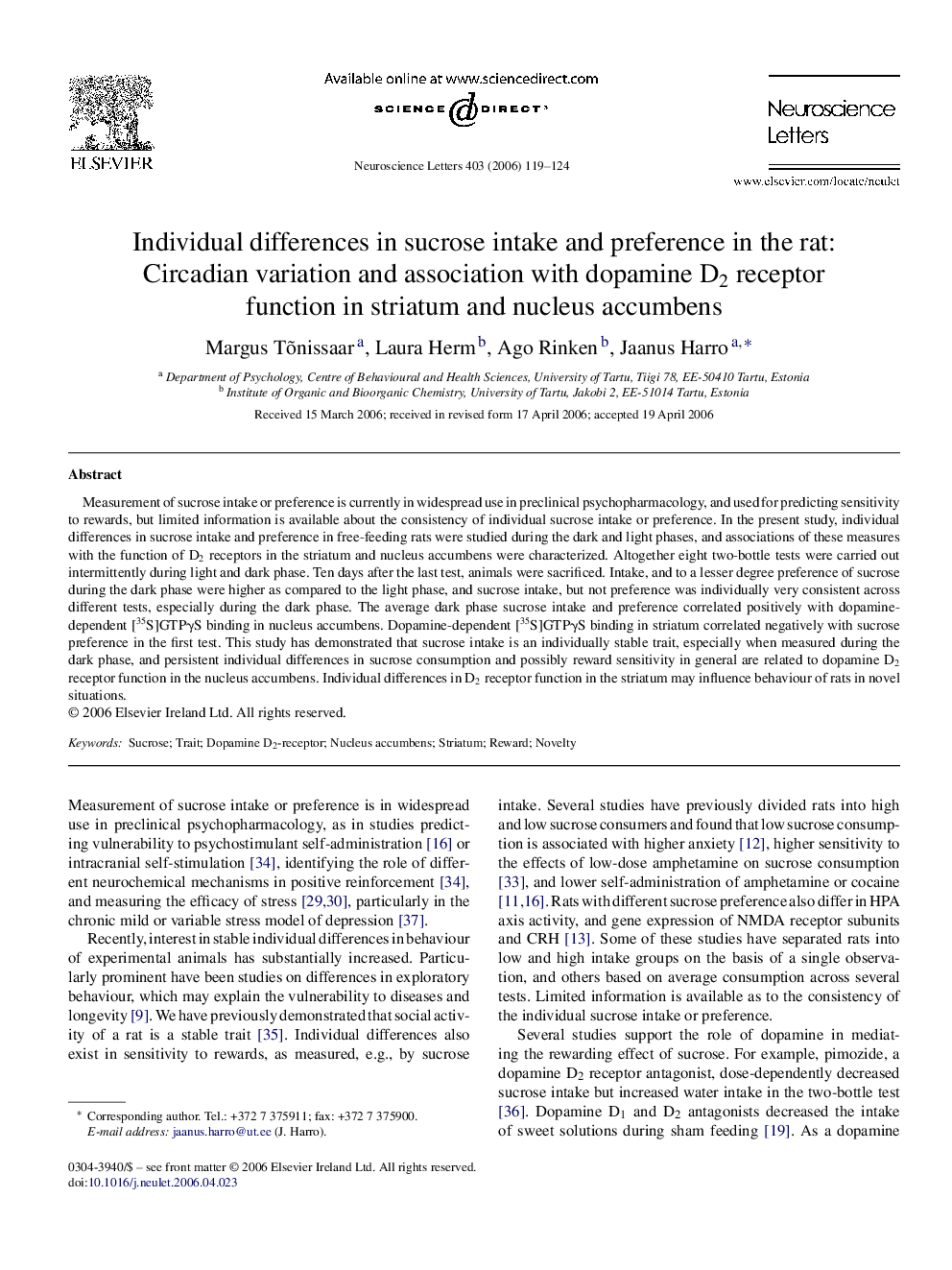 Individual differences in sucrose intake and preference in the rat: Circadian variation and association with dopamine D2 receptor function in striatum and nucleus accumbens