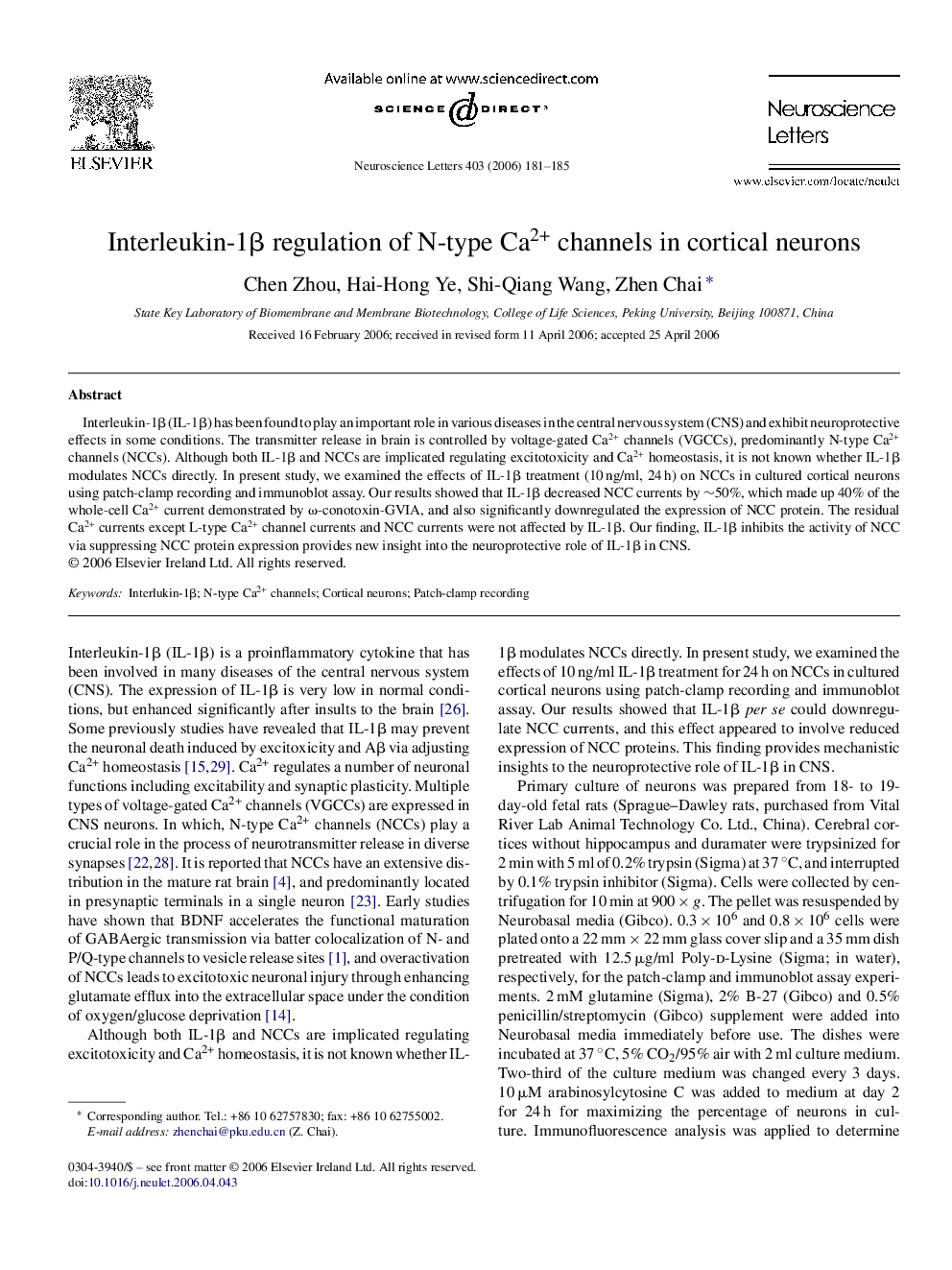 Interleukin-1Î² regulation of N-type Ca2+ channels in cortical neurons