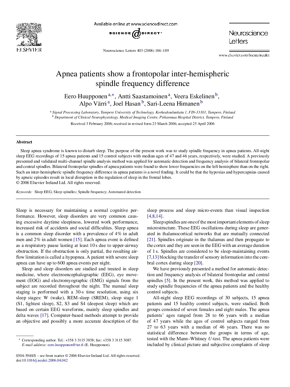 Apnea patients show a frontopolar inter-hemispheric spindle frequency difference