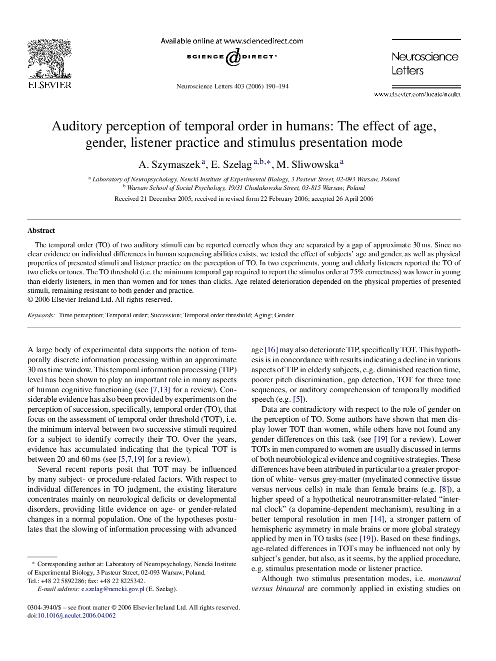 Auditory perception of temporal order in humans: The effect of age, gender, listener practice and stimulus presentation mode