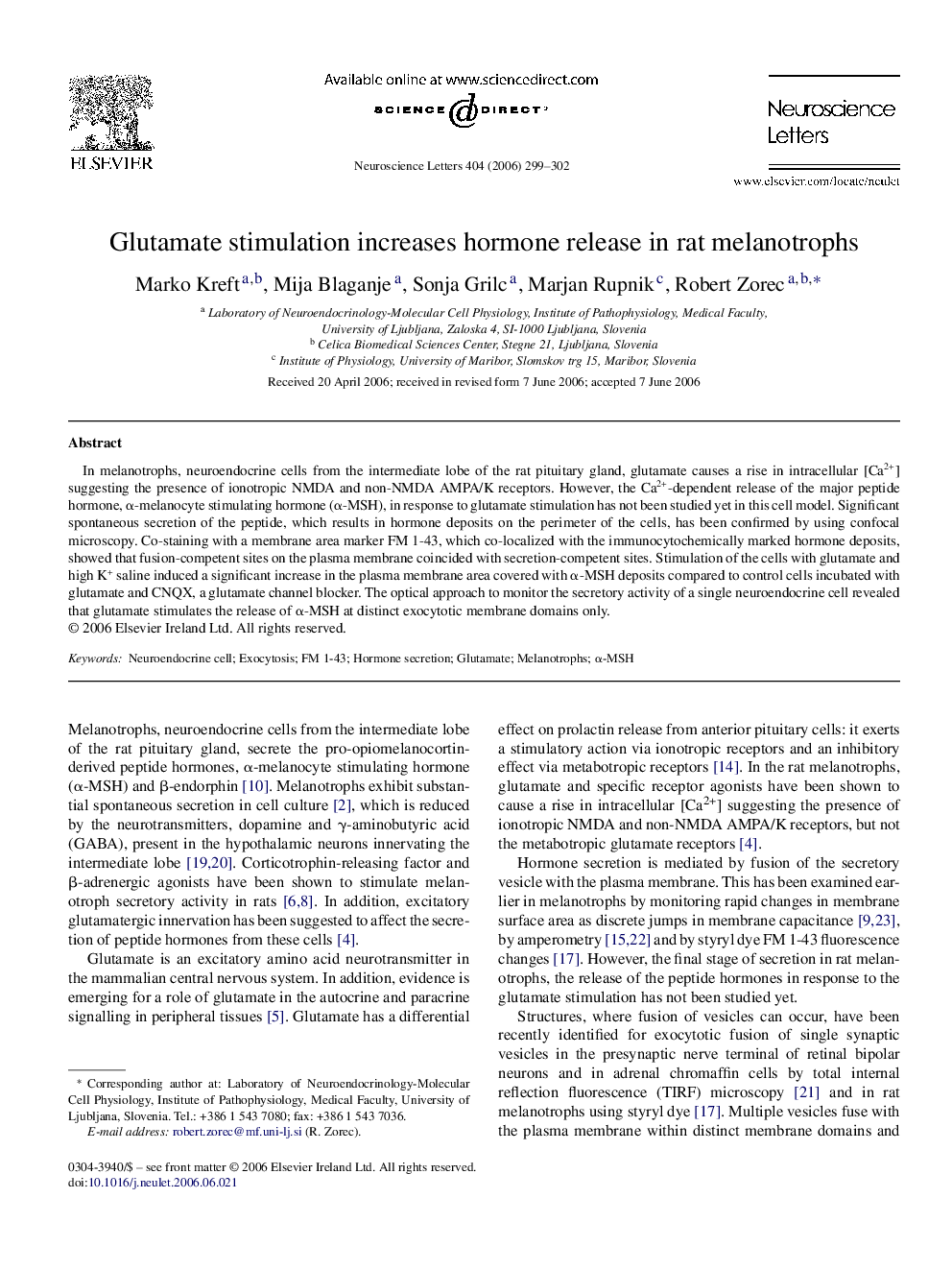 Glutamate stimulation increases hormone release in rat melanotrophs