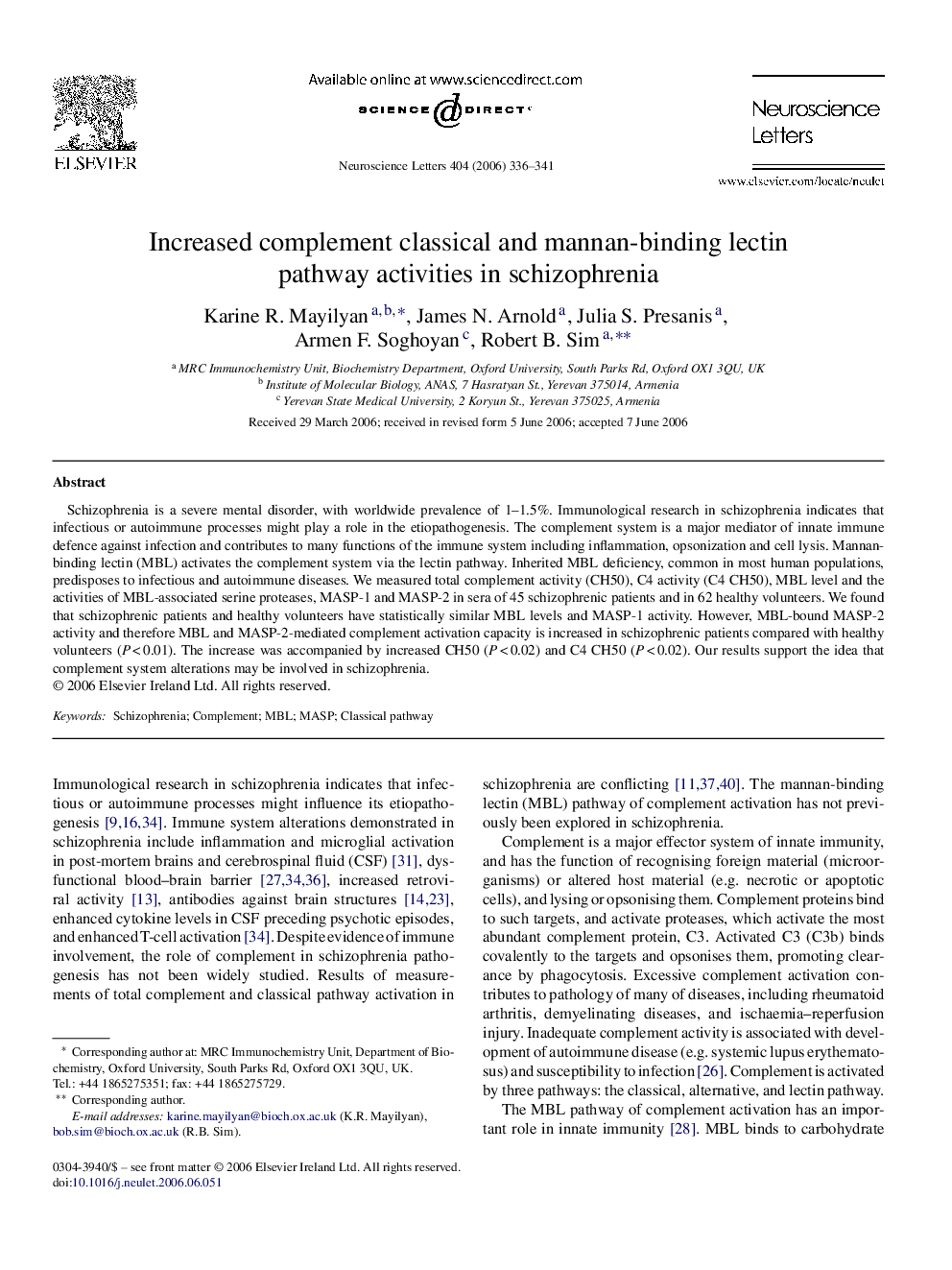 Increased complement classical and mannan-binding lectin pathway activities in schizophrenia