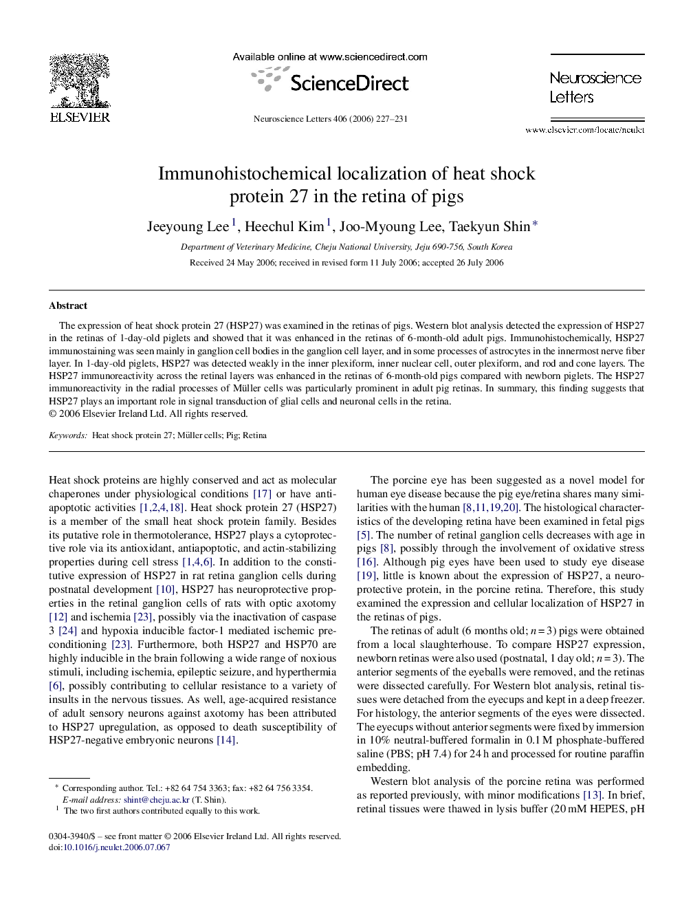 Immunohistochemical localization of heat shock protein 27 in the retina of pigs