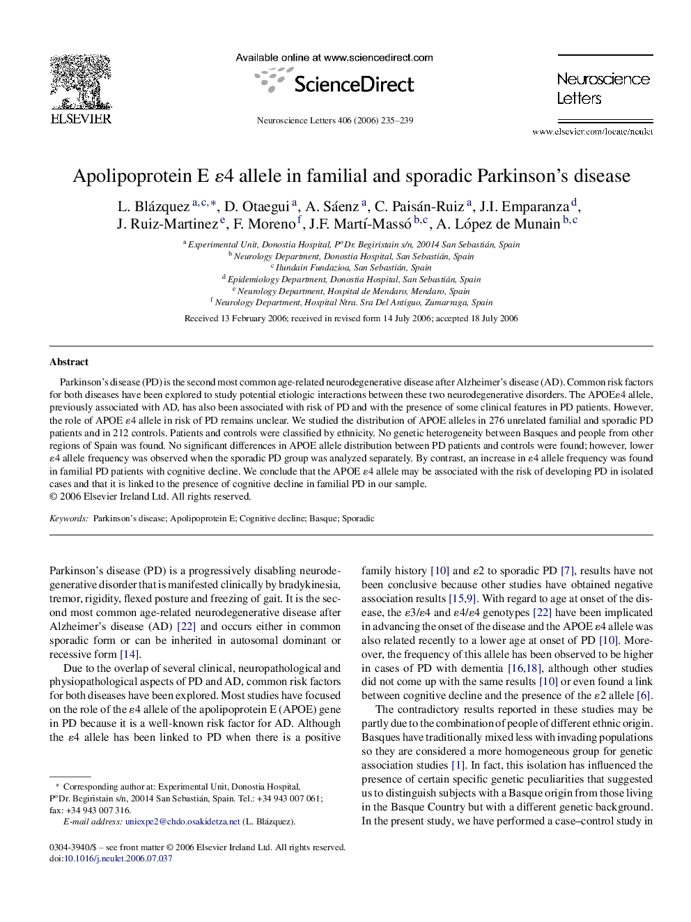 Apolipoprotein E ɛ4 allele in familial and sporadic Parkinson's disease