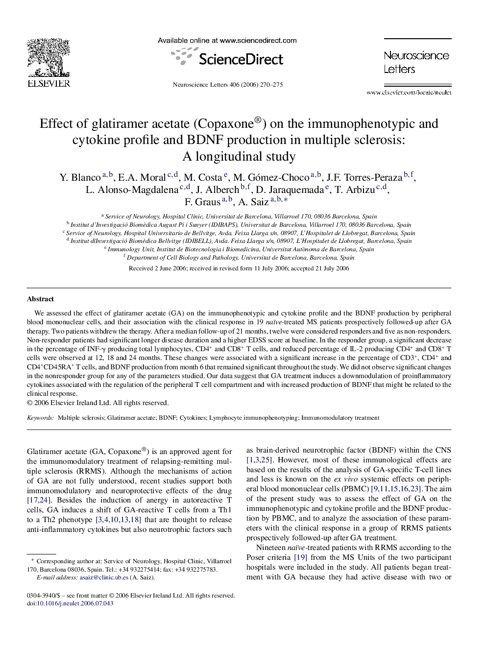 Effect of glatiramer acetate (Copaxone®) on the immunophenotypic and cytokine profile and BDNF production in multiple sclerosis: A longitudinal study