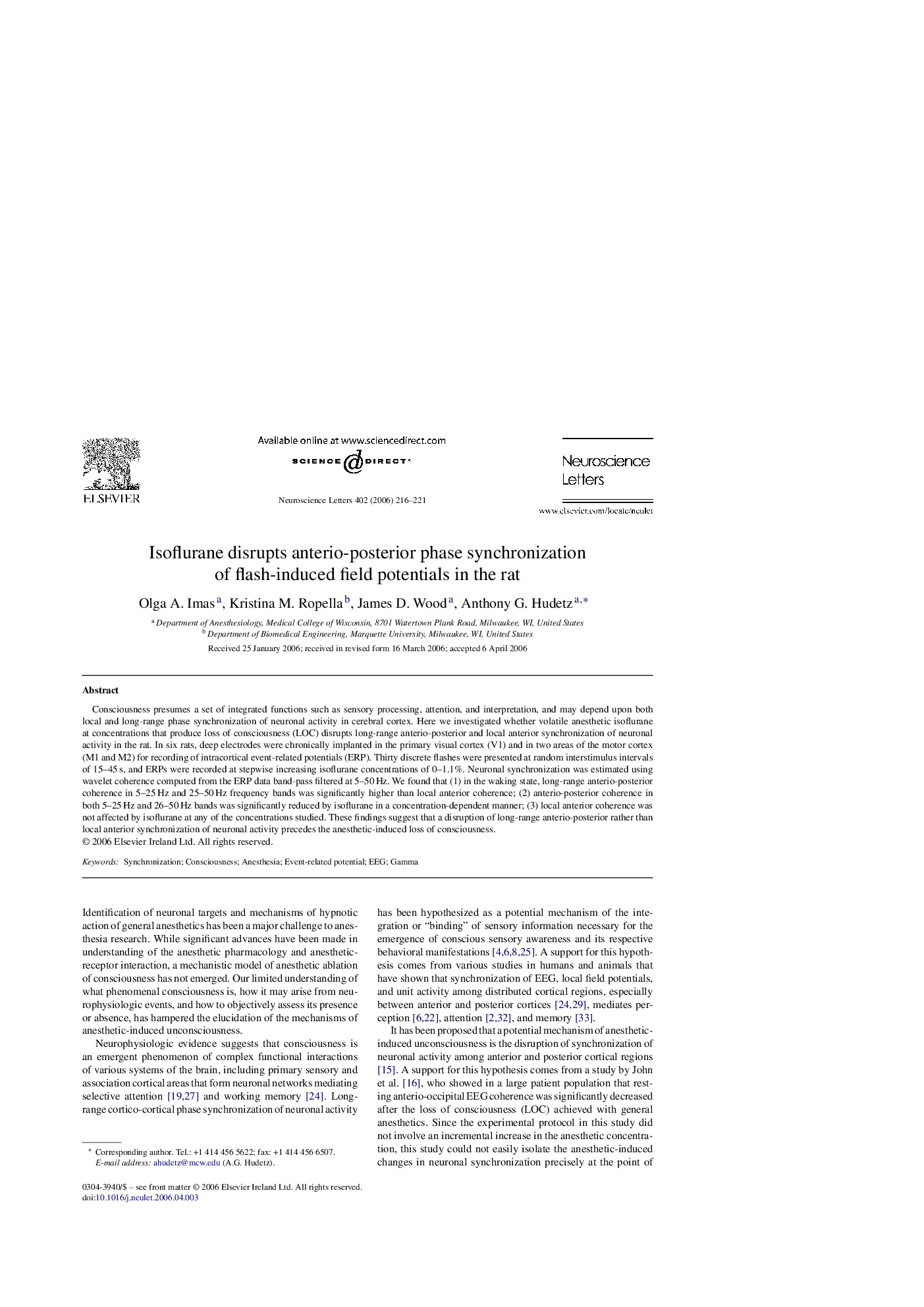 عکس صفحه اول مقاله: Isoflurane disrupts anterio-posterior phase synchronization of flash-induced field potentials in the rat Isoflurane disrupts anterio-posterior phase synchronization of flash-induced field potentials in the rat