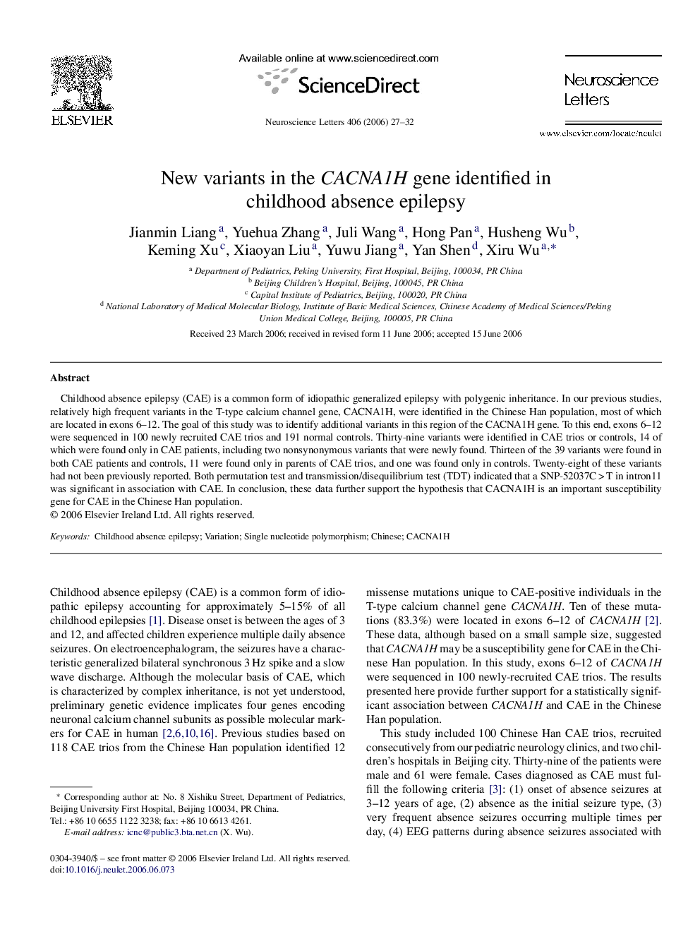 New variants in the CACNA1H gene identified in childhood absence epilepsy