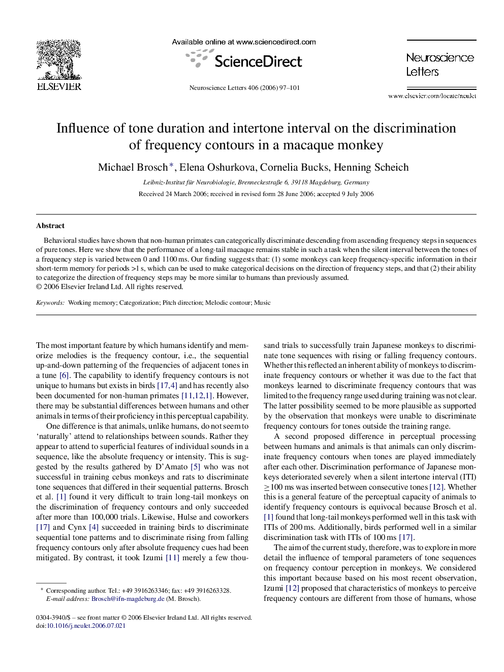 Influence of tone duration and intertone interval on the discrimination of frequency contours in a macaque monkey