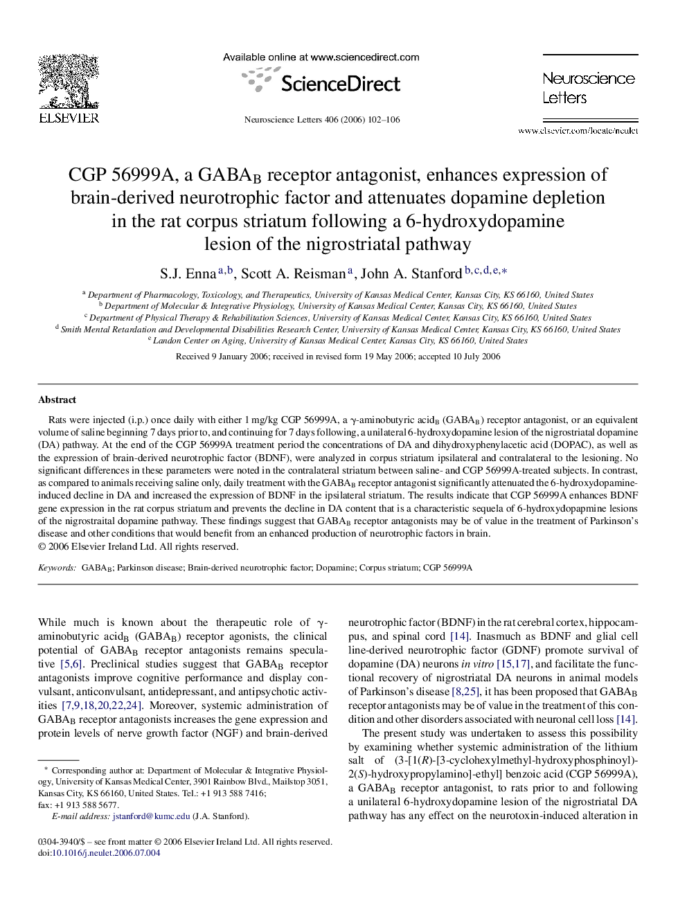 CGP 56999A, a GABAB receptor antagonist, enhances expression of brain-derived neurotrophic factor and attenuates dopamine depletion in the rat corpus striatum following a 6-hydroxydopamine lesion of the nigrostriatal pathway