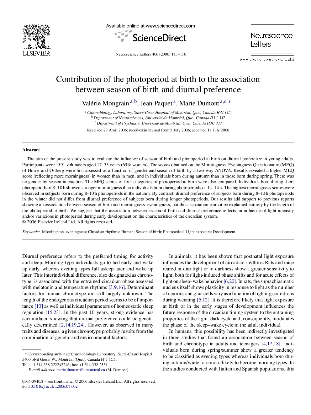 Contribution of the photoperiod at birth to the association between season of birth and diurnal preference