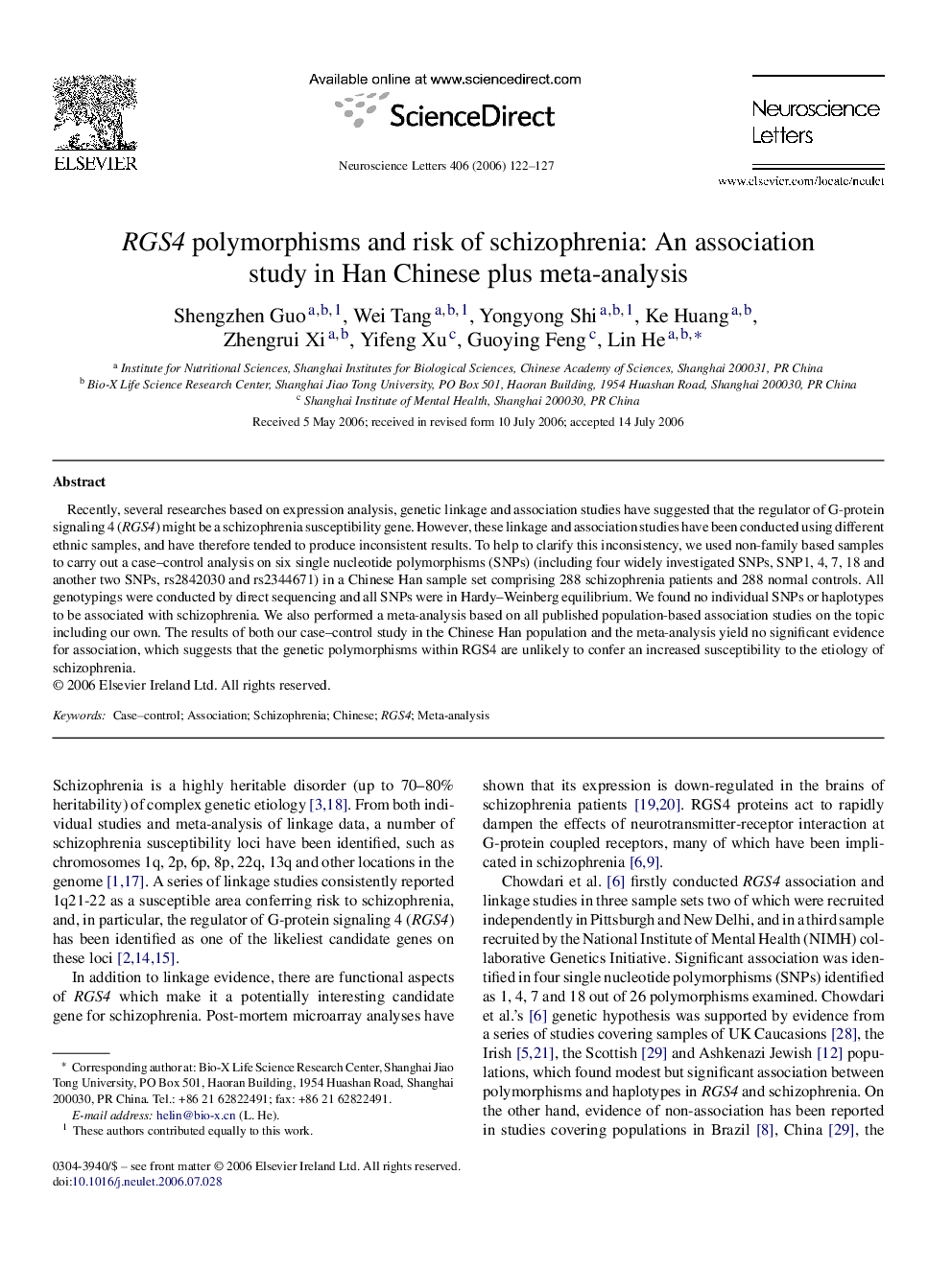 RGS4 polymorphisms and risk of schizophrenia: An association study in Han Chinese plus meta-analysis