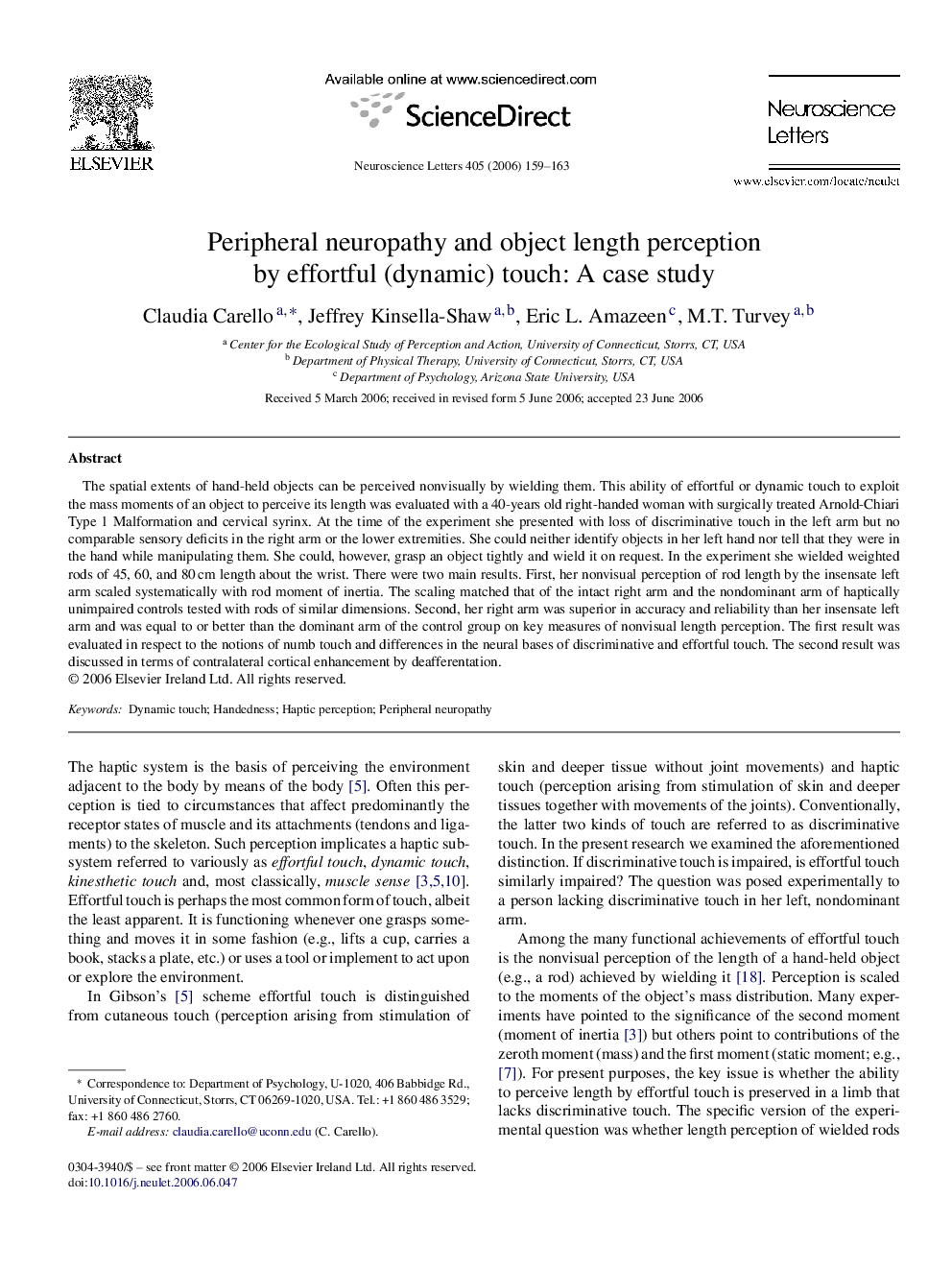 Peripheral neuropathy and object length perception by effortful (dynamic) touch: A case study