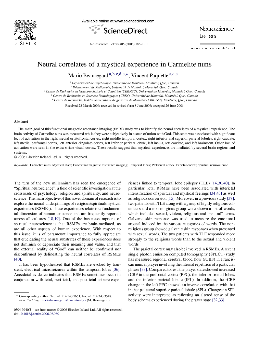 Neural correlates of a mystical experience in Carmelite nuns