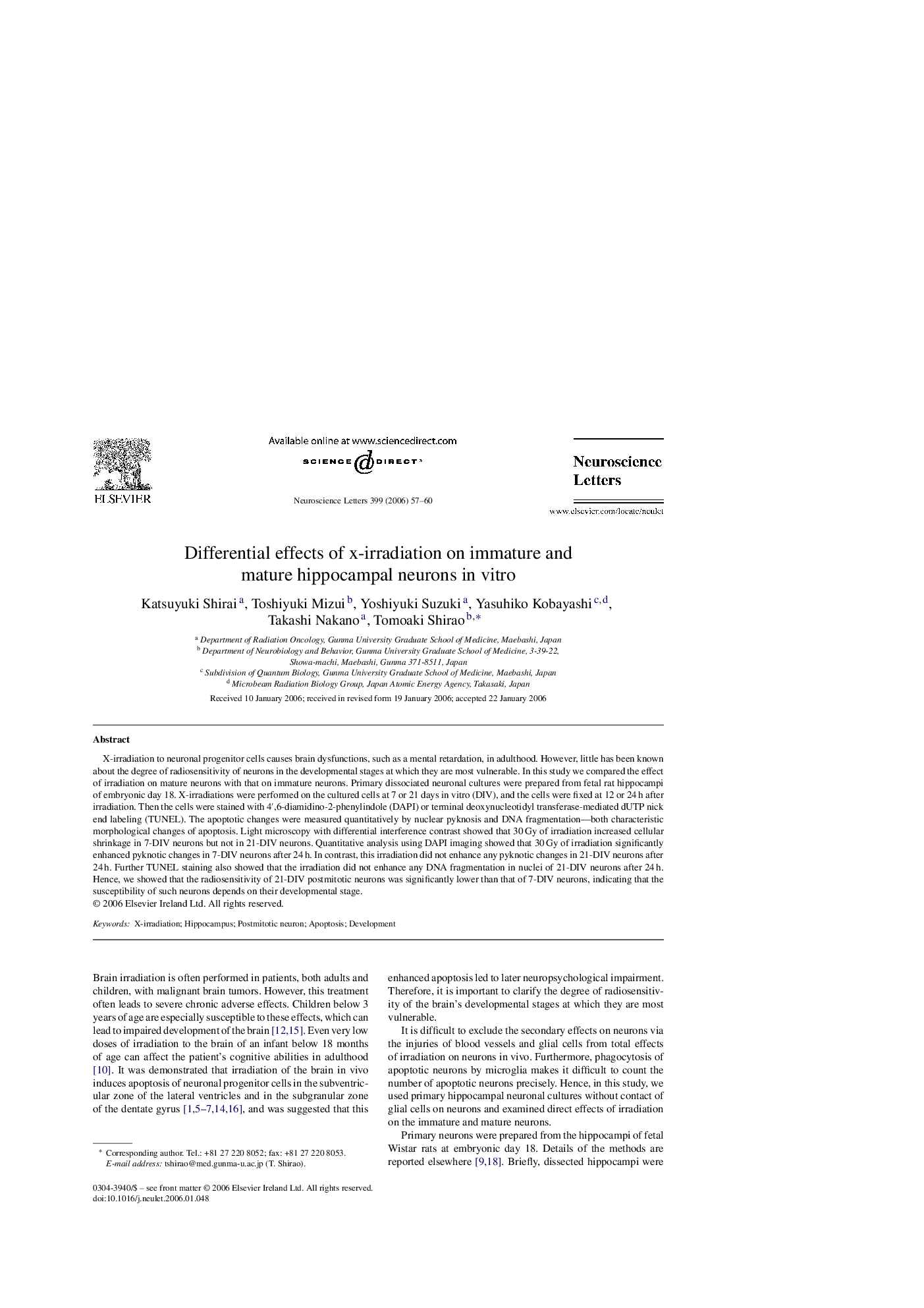 Differential effects of x-irradiation on immature and mature hippocampal neurons in vitro