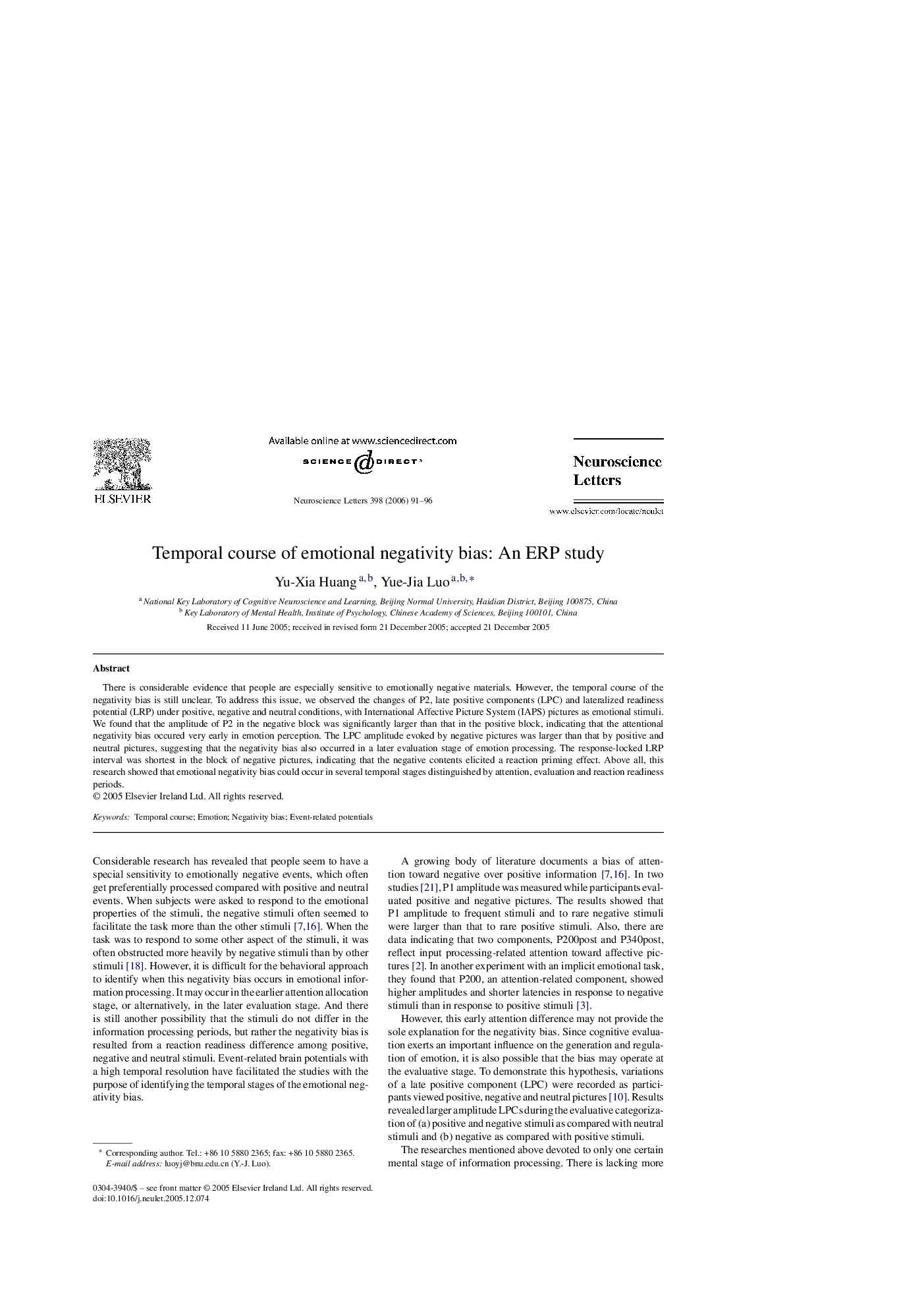 Temporal course of emotional negativity bias: An ERP study