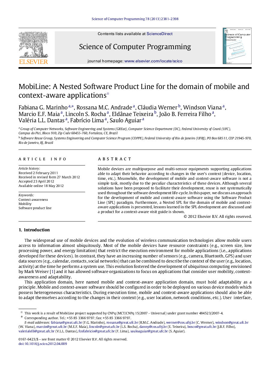 MobiLine: A Nested Software Product Line for the domain of mobile and context-aware applications 