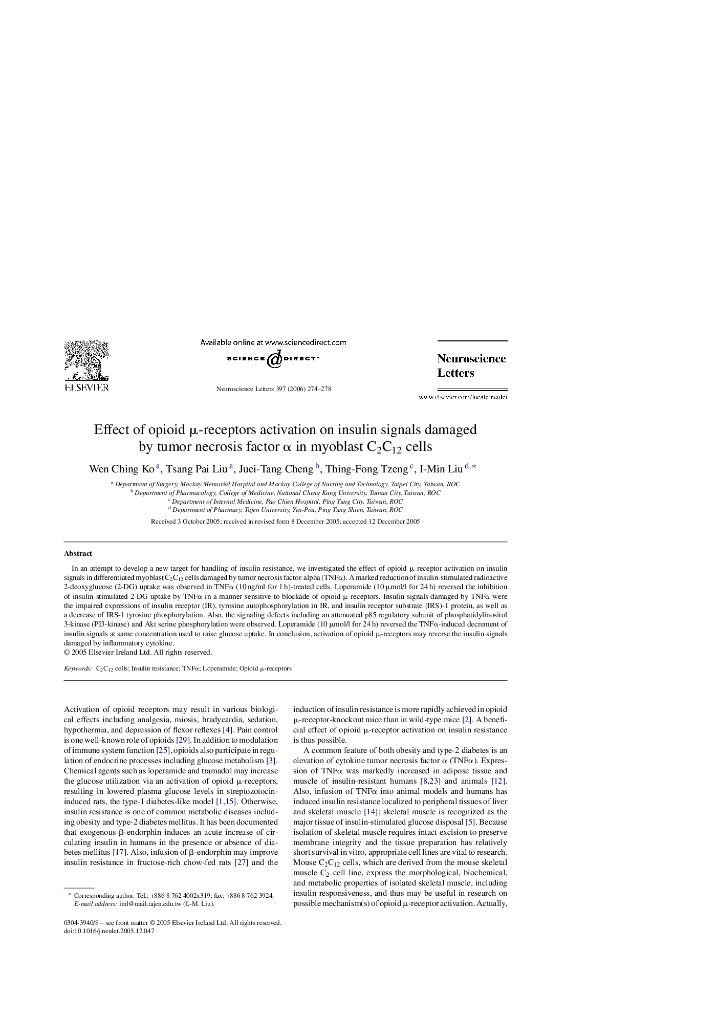 Effect of opioid Î¼-receptors activation on insulin signals damaged by tumor necrosis factor Î± in myoblast C2C12 cells