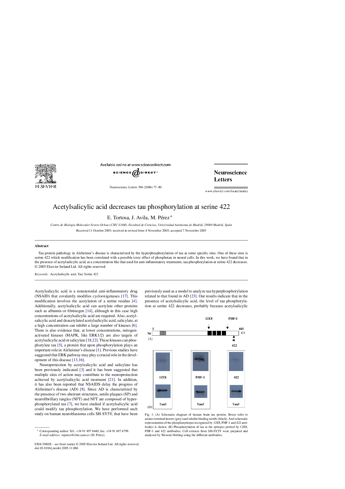 Acetylsalicylic acid decreases tau phosphorylation at serine 422