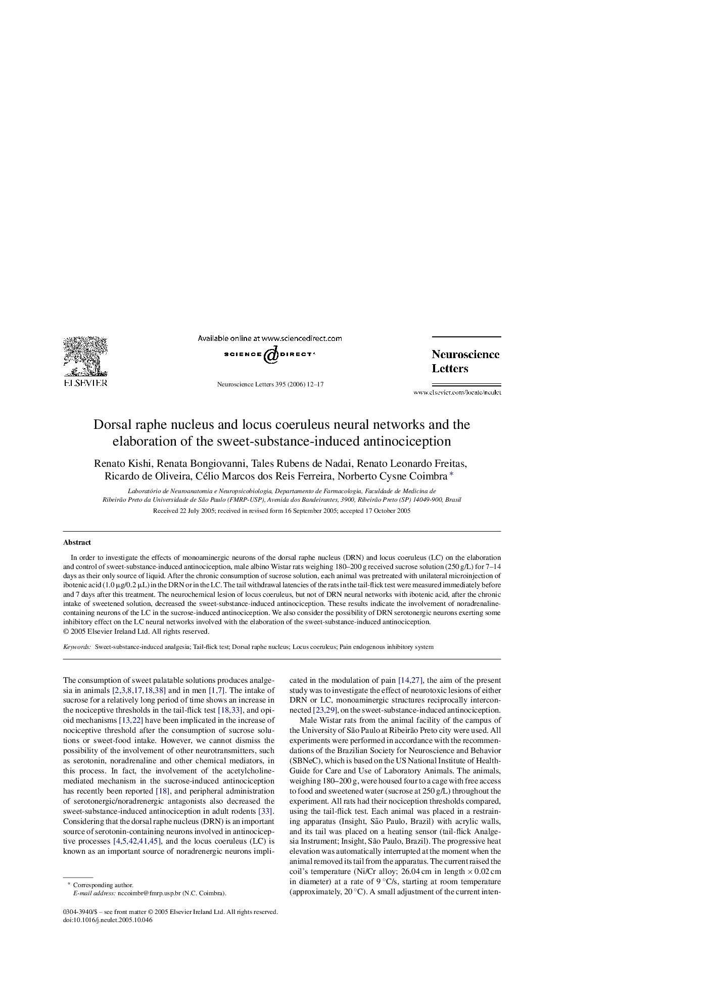 Dorsal raphe nucleus and locus coeruleus neural networks and the elaboration of the sweet-substance-induced antinociception