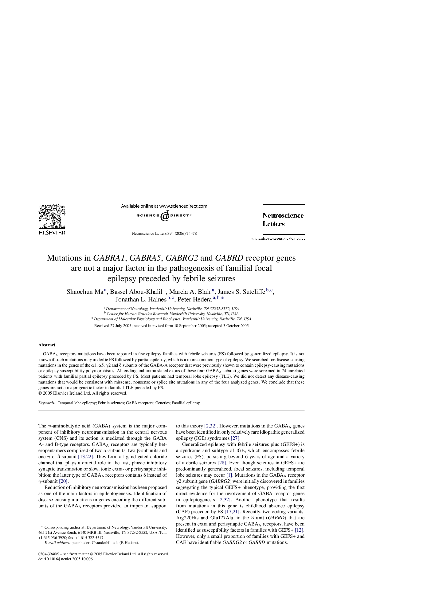 Mutations in GABRA1, GABRA5, GABRG2 and GABRD receptor genes are not a major factor in the pathogenesis of familial focal epilepsy preceded by febrile seizures