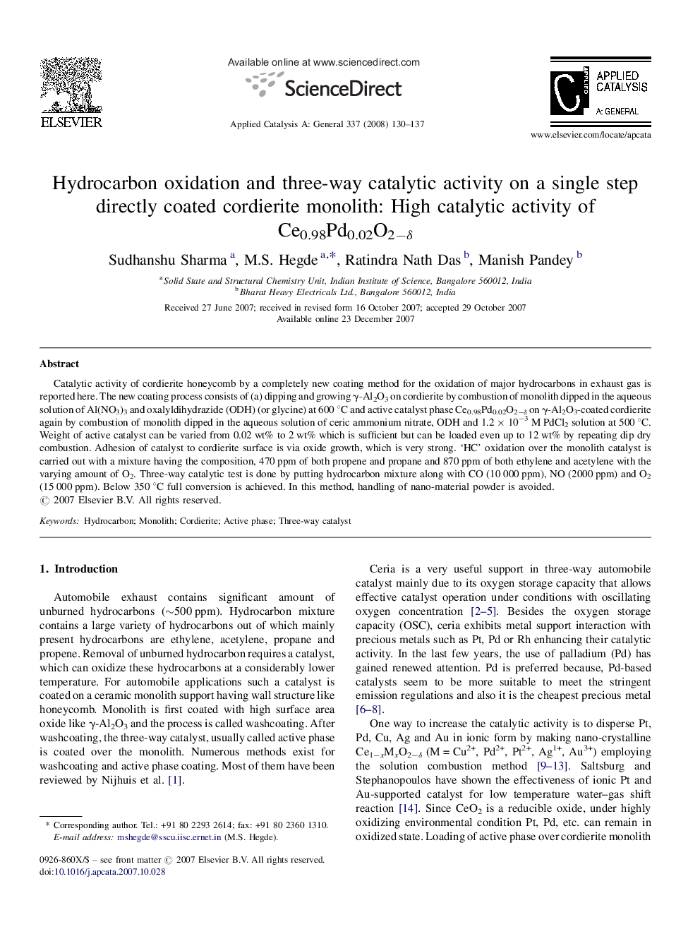 Hydrocarbon oxidation and three-way catalytic activity on a single step directly coated cordierite monolith: High catalytic activity of Ce0.98Pd0.02O2−δ