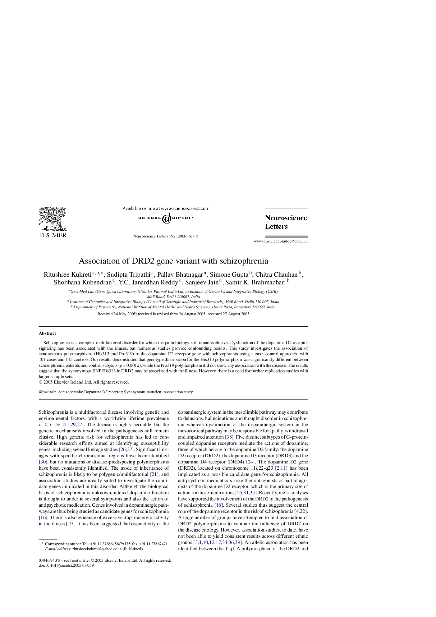 Association of DRD2 gene variant with schizophrenia