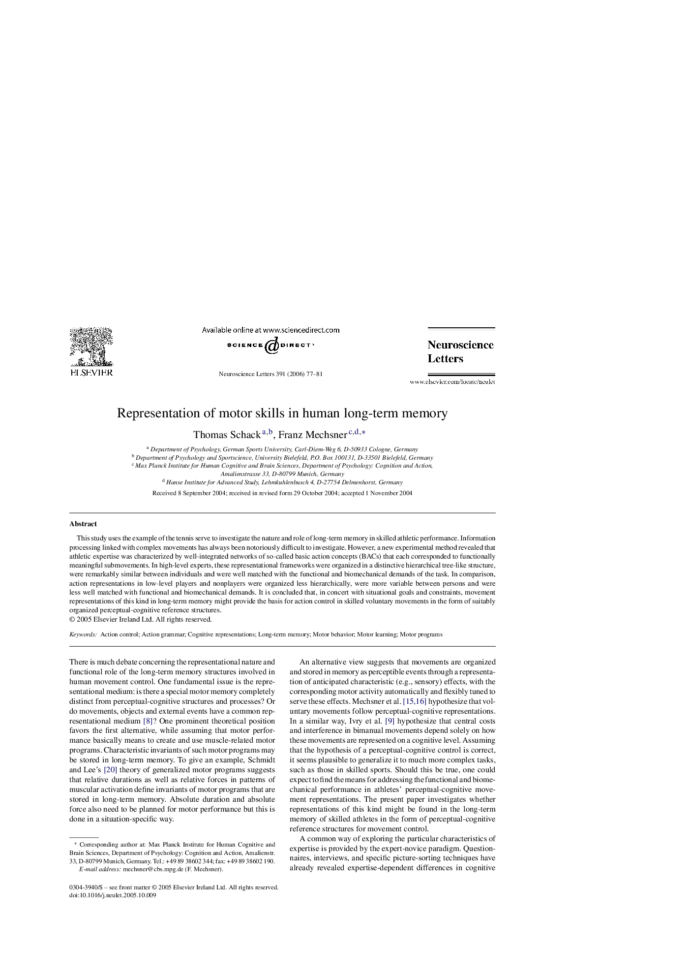 Representation of motor skills in human long-term memory