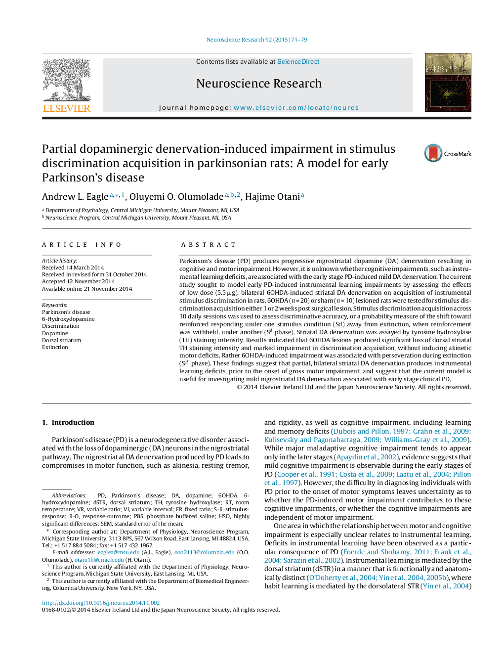 Partial dopaminergic denervation-induced impairment in stimulus discrimination acquisition in parkinsonian rats: A model for early Parkinson's disease