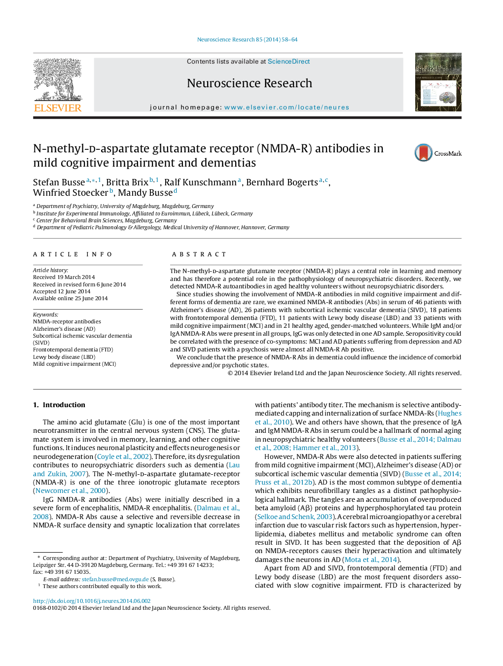 N-methyl-d-aspartate glutamate receptor (NMDA-R) antibodies in mild cognitive impairment and dementias