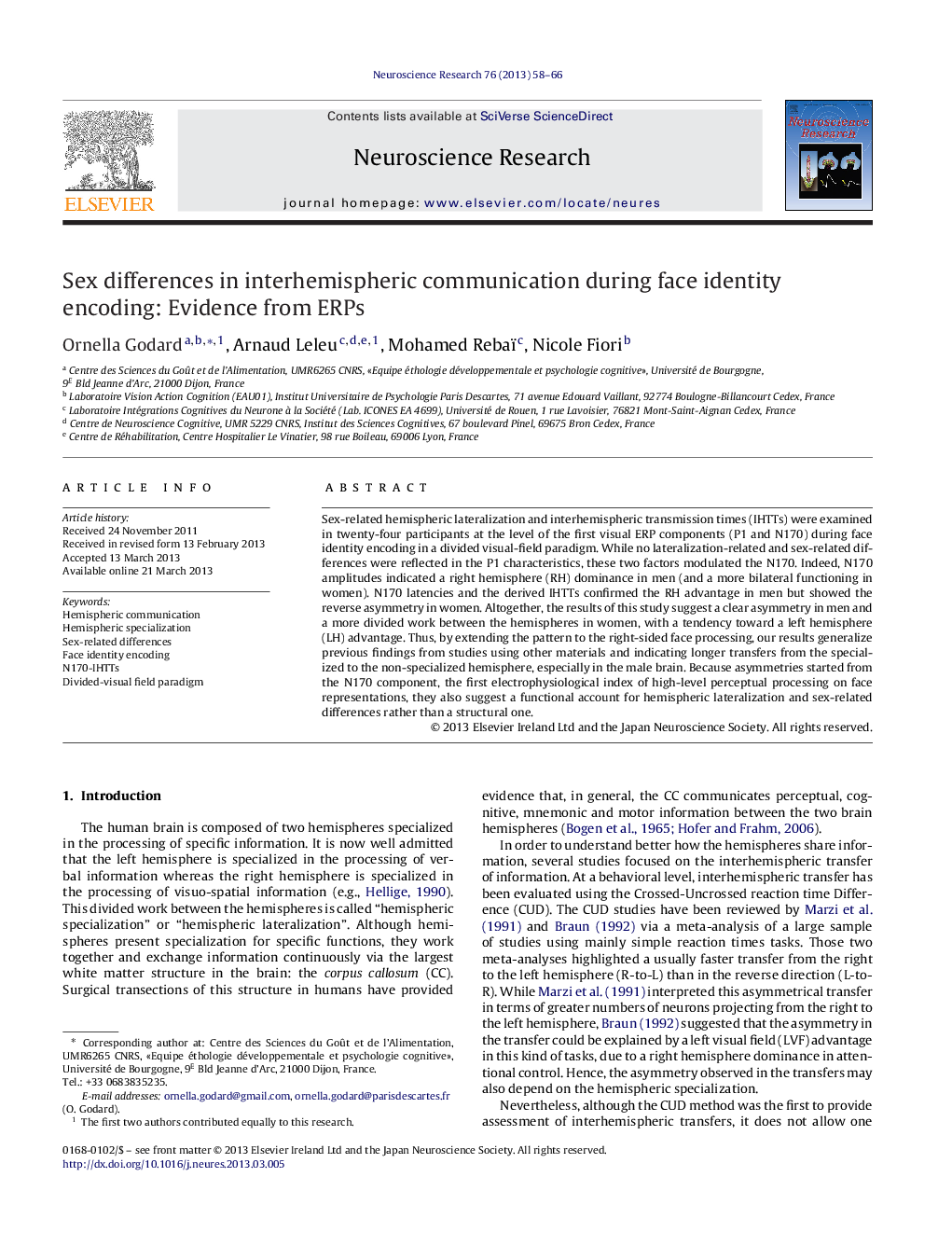 Sex differences in interhemispheric communication during face identity encoding: Evidence from ERPs