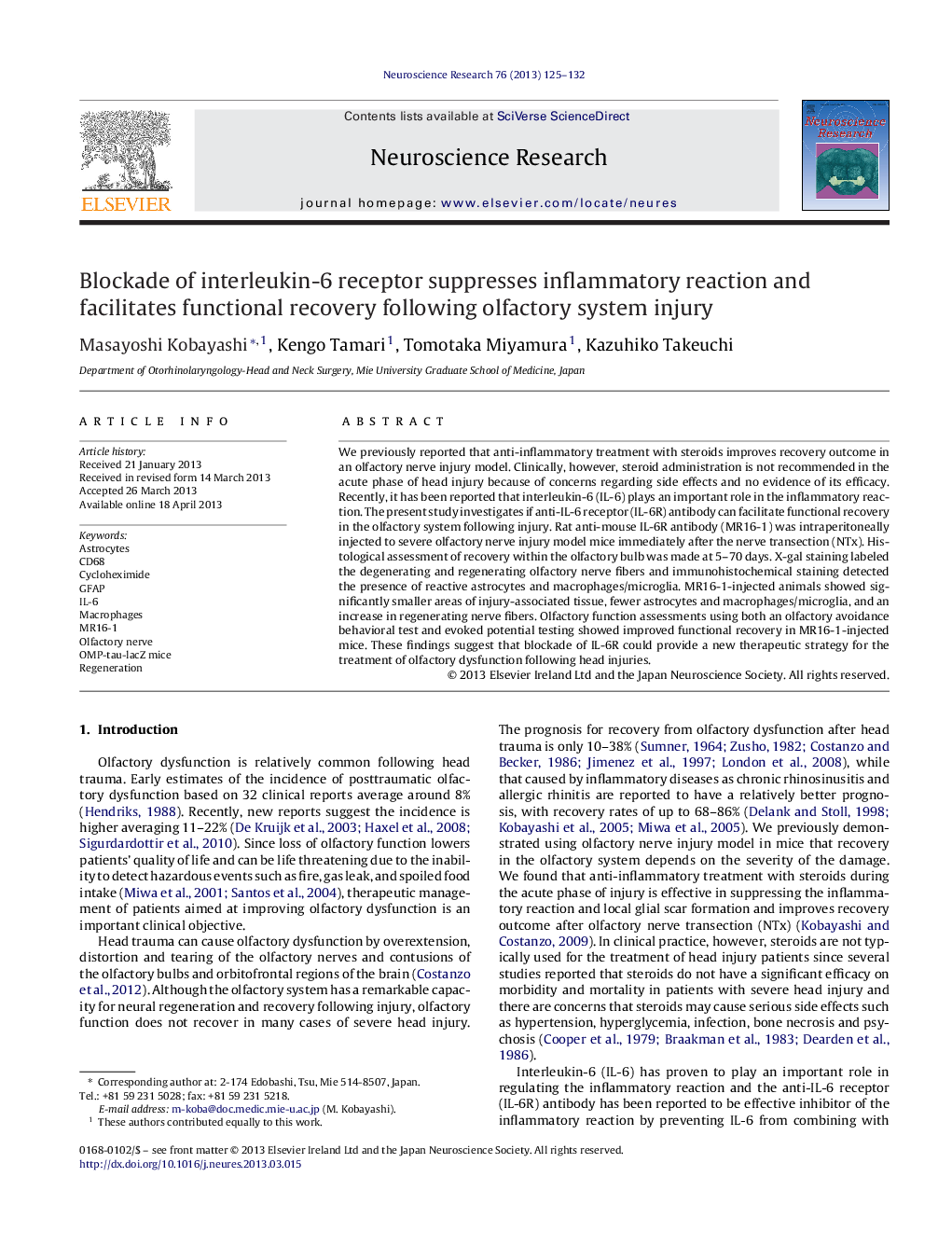 Blockade of interleukin-6 receptor suppresses inflammatory reaction and facilitates functional recovery following olfactory system injury